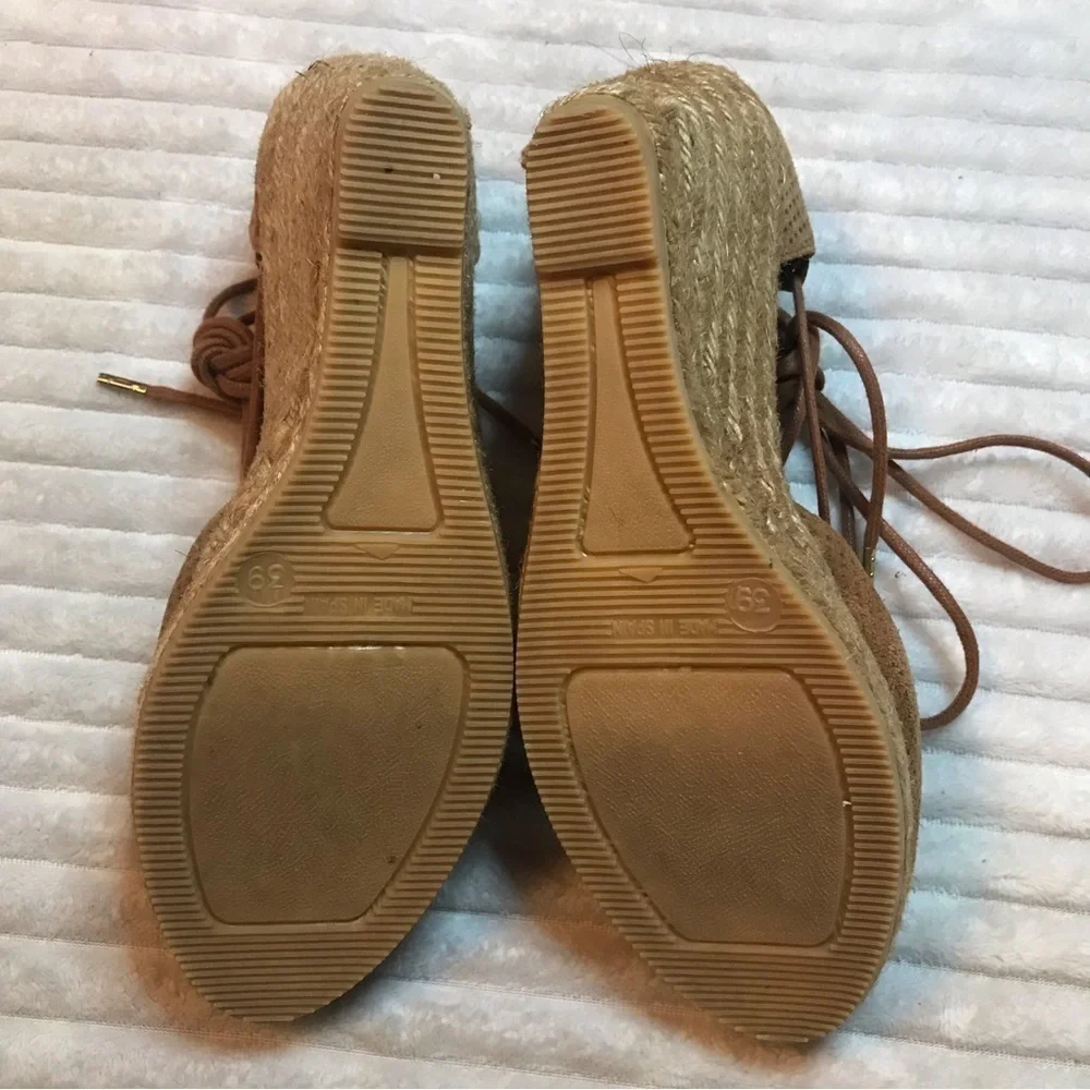 Eric Michael Sam Wedge Espadrilles Lace Up Tan Platform Sandals Size 39 9